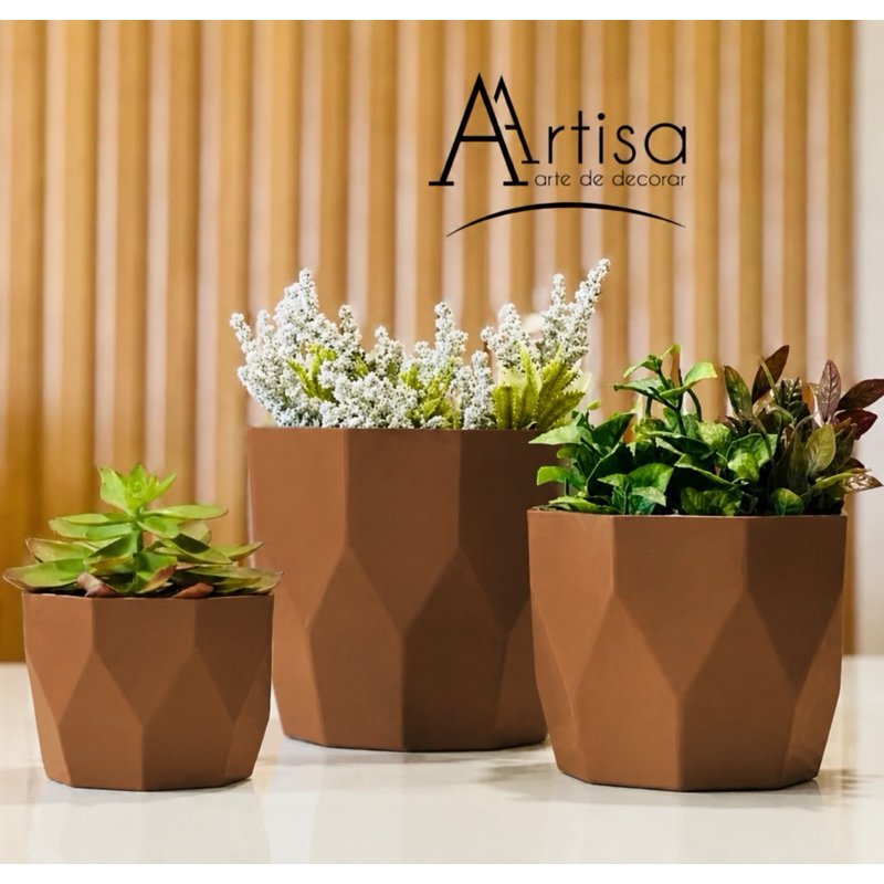 Kit Jogo 3 vasos para Plantas decorativo cachepô liso injetado centro mesa suculentas cactos Diamante