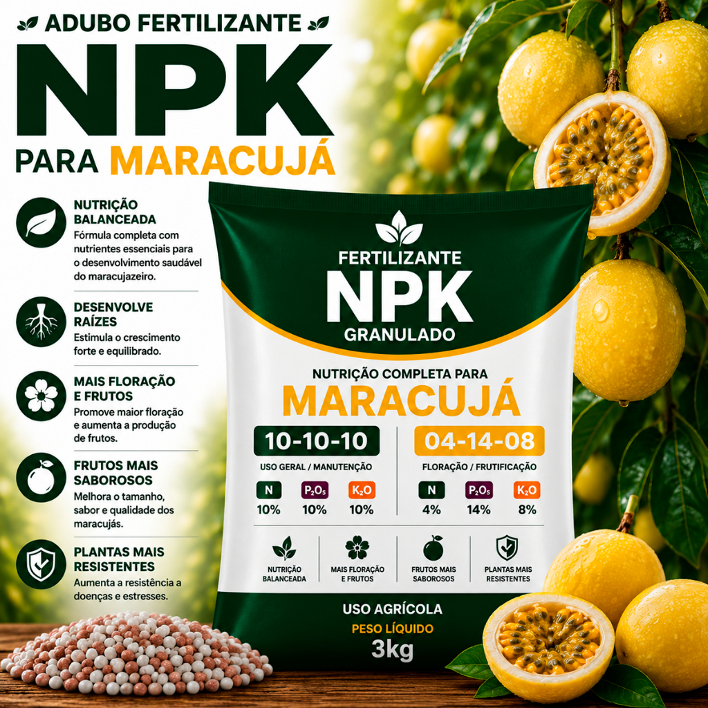 Adubo Fertilizante Maracujá NPK  Maracujazeiro 3kg 6kg Hidrogênio, Potássio e Fósforo - Nutrição Completa Premium