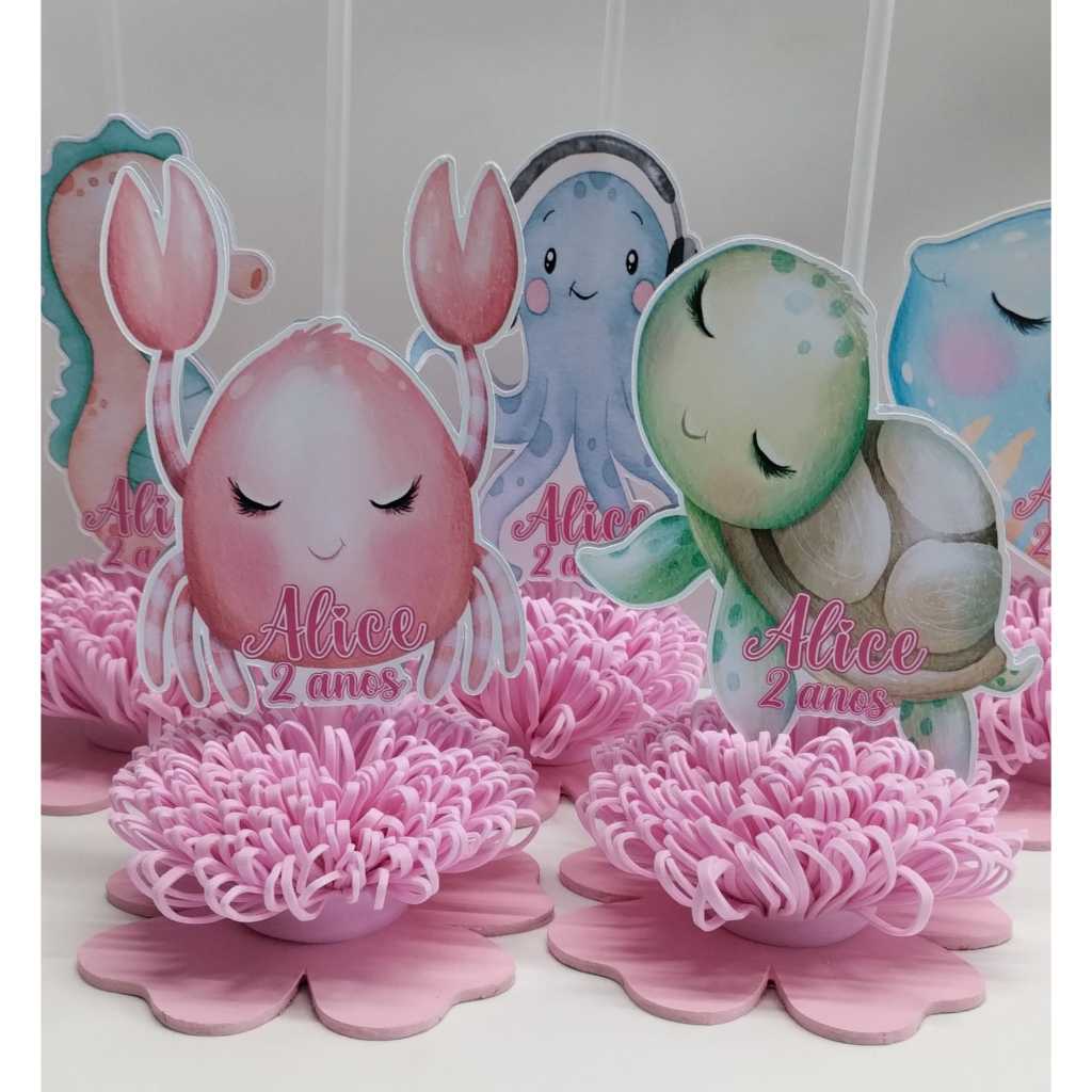 Centro de mesa Fundo do Mar aquarela - Base MDF rosa , Aplique em Papel Fotográfico 230g Brilho com Suporte para Balão