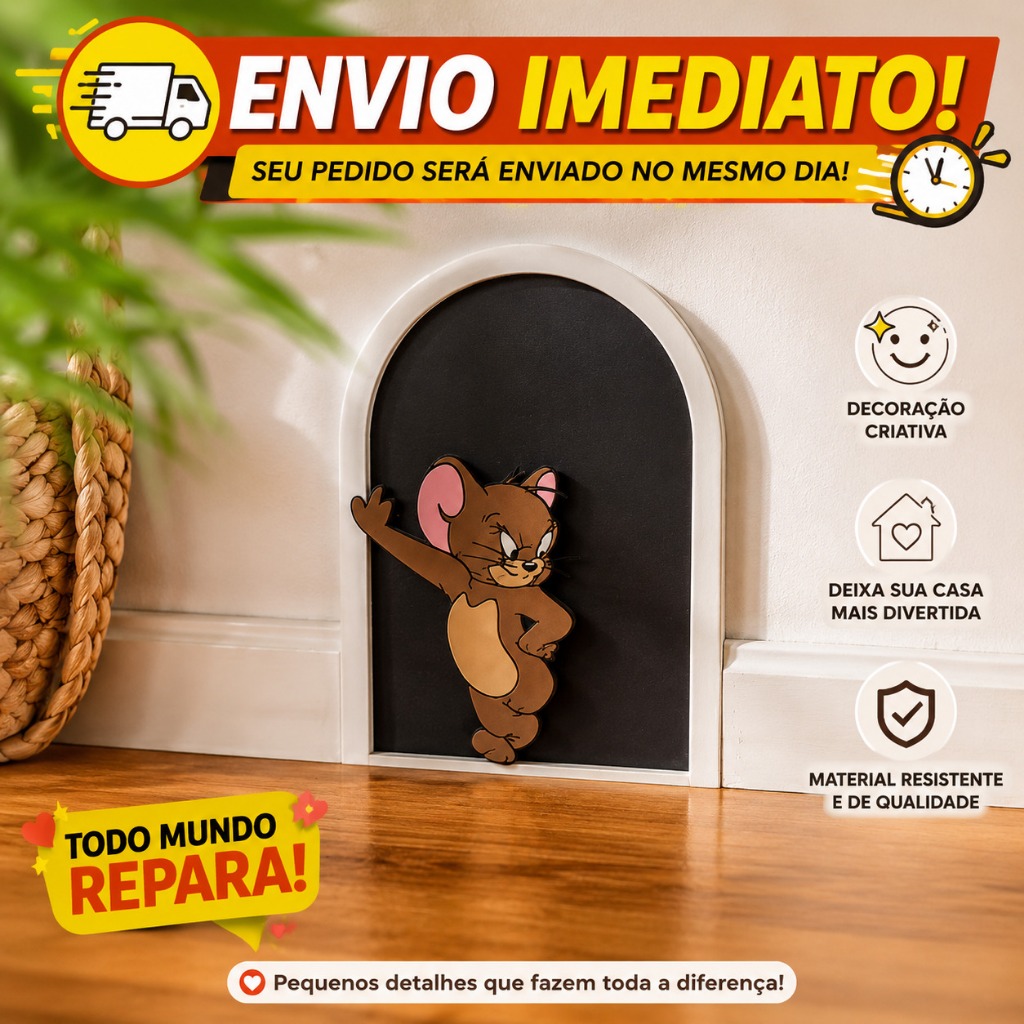 Portinha Tom e Jerry Geek Decorativa Criativa Rodapé Parede Quarto Sala Presente Nerd Fofo Nostalgia