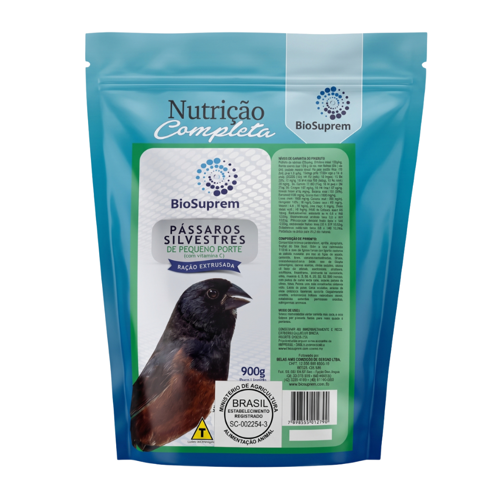 Biosuprem - Ração Extrusada Silvestres e Pássaros de Pequeno Porte Curió Bicudo Azulão - 900g