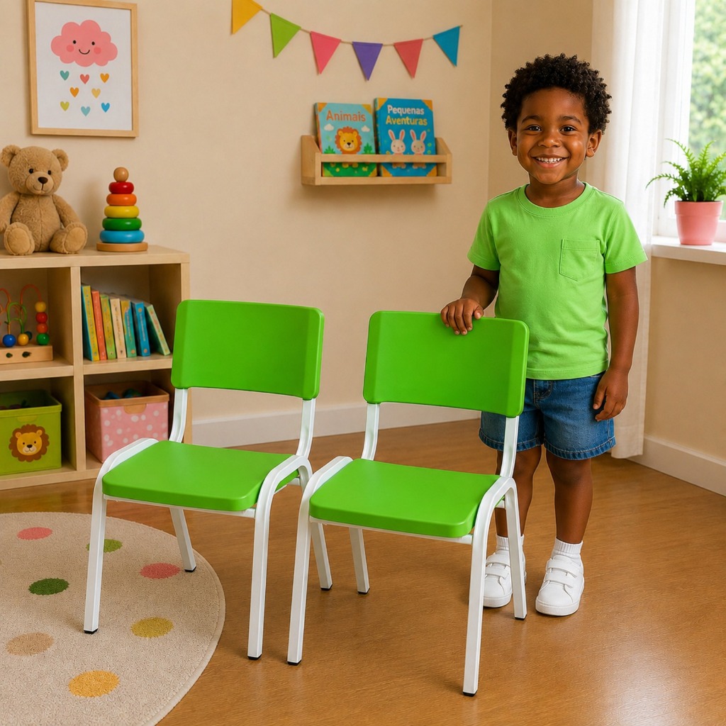 Kit 2 Cadeiras ISO Infantil Verde Limão Empilhável Estrutura Escola Brinquedoteca Igreja Clinica