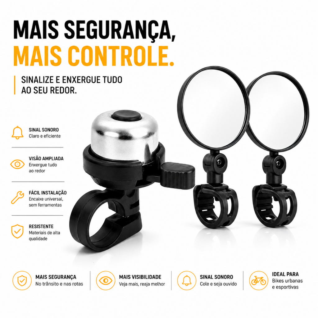 Kit 2 Espelho Retrovisor Bike 360º Giratório + Buzina De Bicicleta Trim Trim