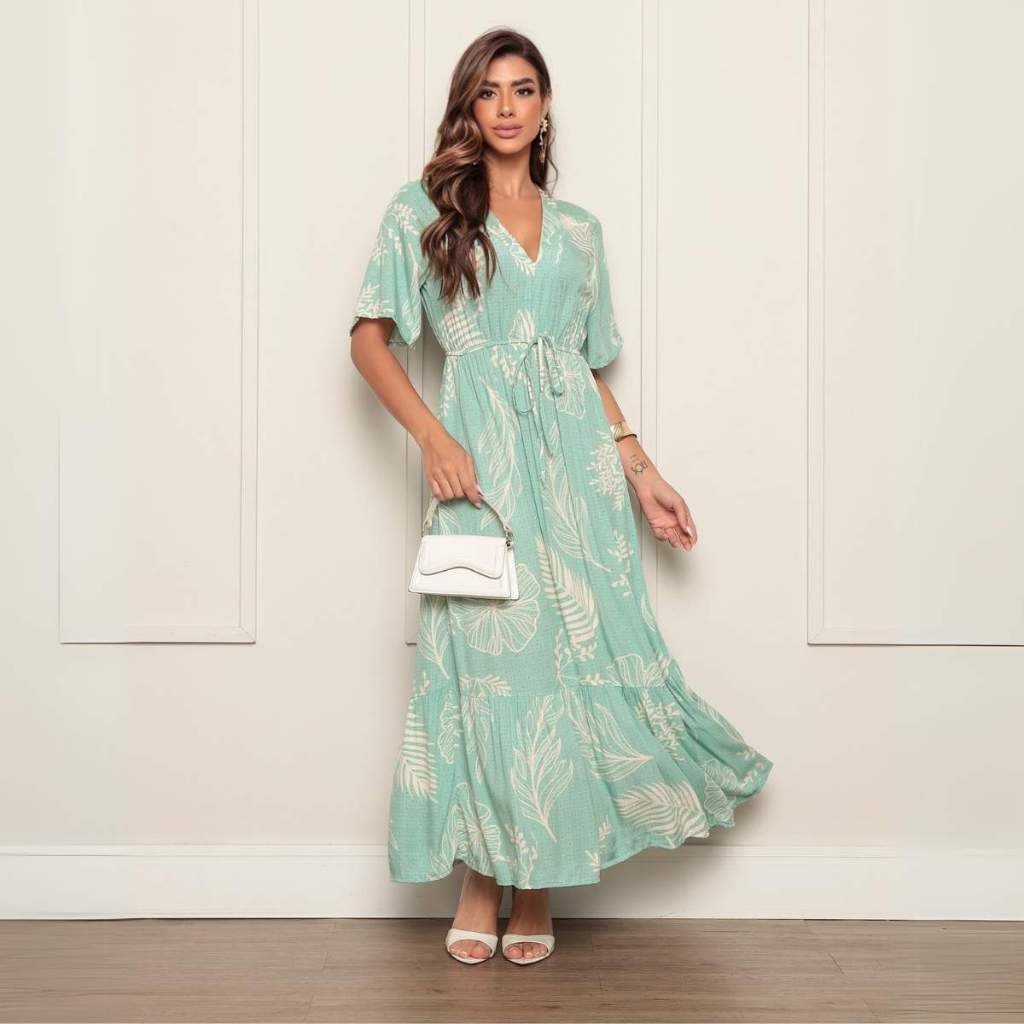 Vestido 2026 Longo Tecido Viscolinho Elegante Confortável Estampado Floral