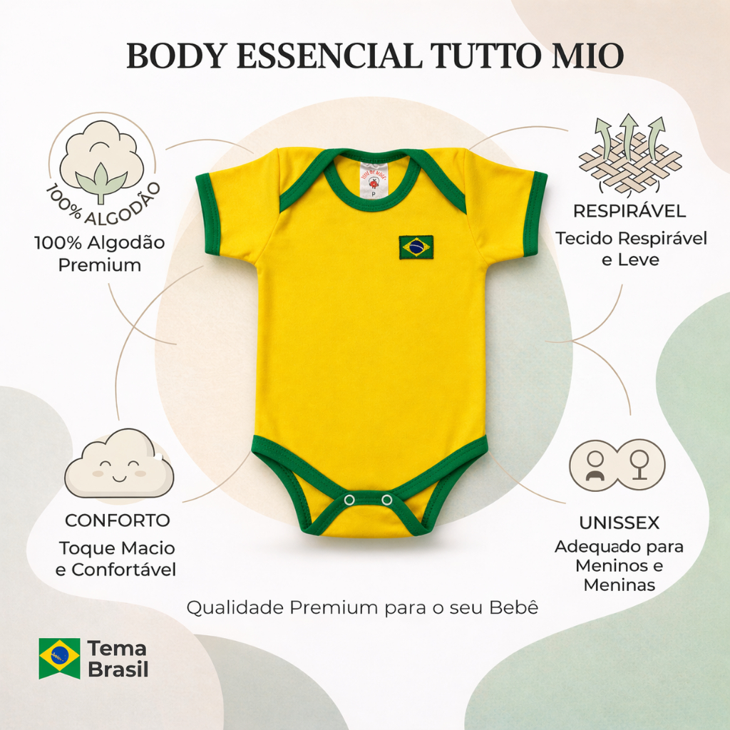 Body Bebê Brasil Copa do Mundo Amarelo com Bandeira + Shorts Azul Conjunto Seleção Bebê Flor de Maçã — imagem 2 de 2