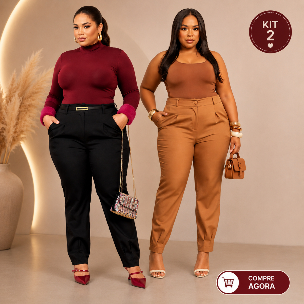 Kit 2 Calças Alfaiataria Feminina Plus Size Cintura Alta Social Casual Elegante - G1ao G3