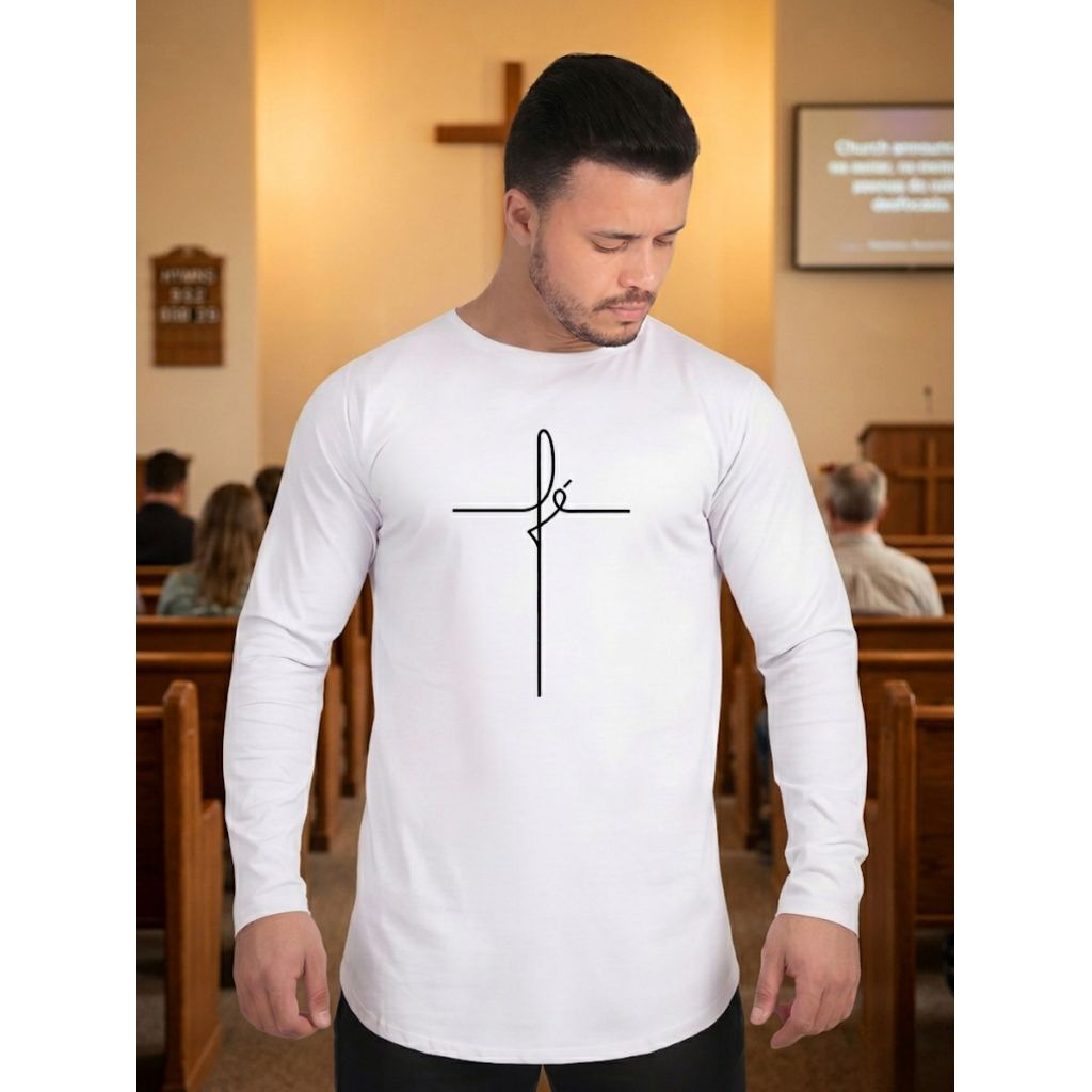 Camiseta Masculina Cristã Longline Manga Longa Estampa Jesus Cruz Evangélica Gospel