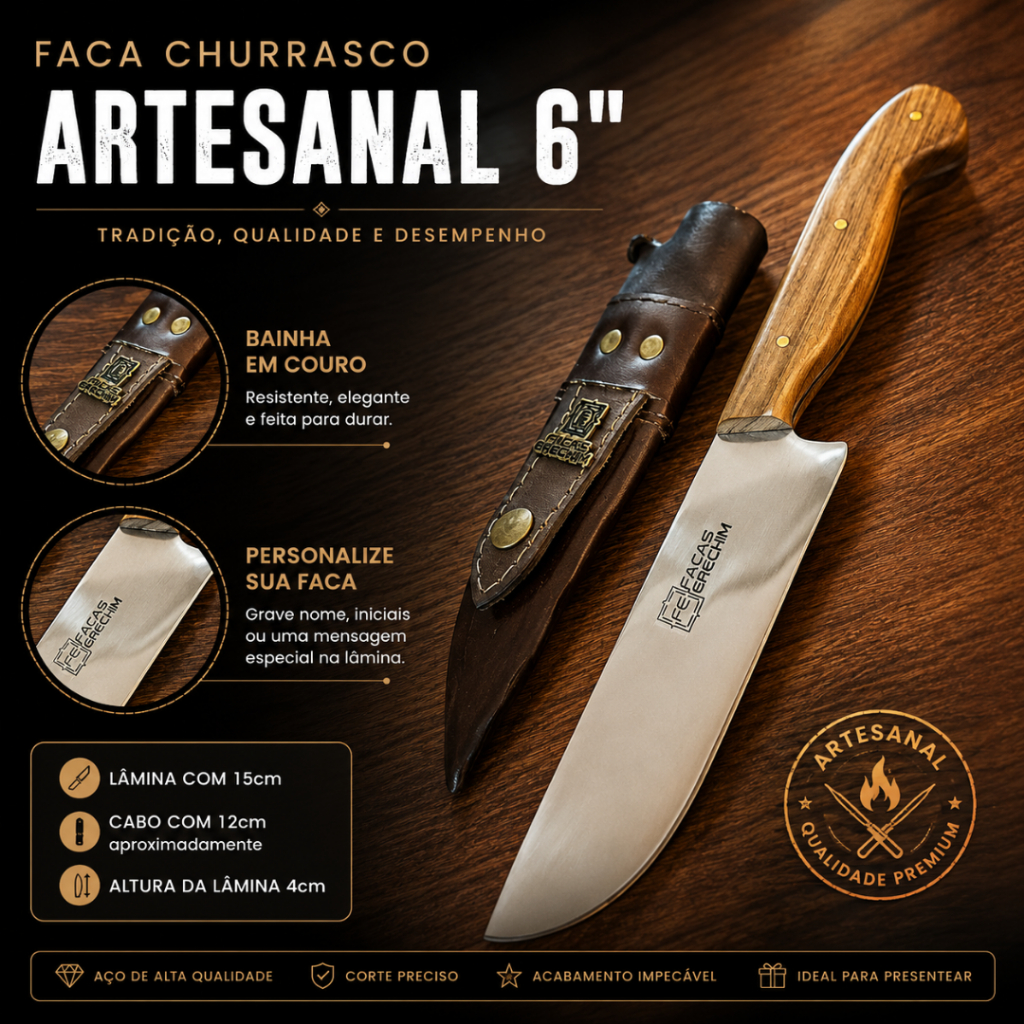 Faca Churrasco Artesanal 6 Polegadas Aço Inox 2MM Cabo Em Madeira Personalize Com Nome Logo Escudo Afiada Gaúcha
