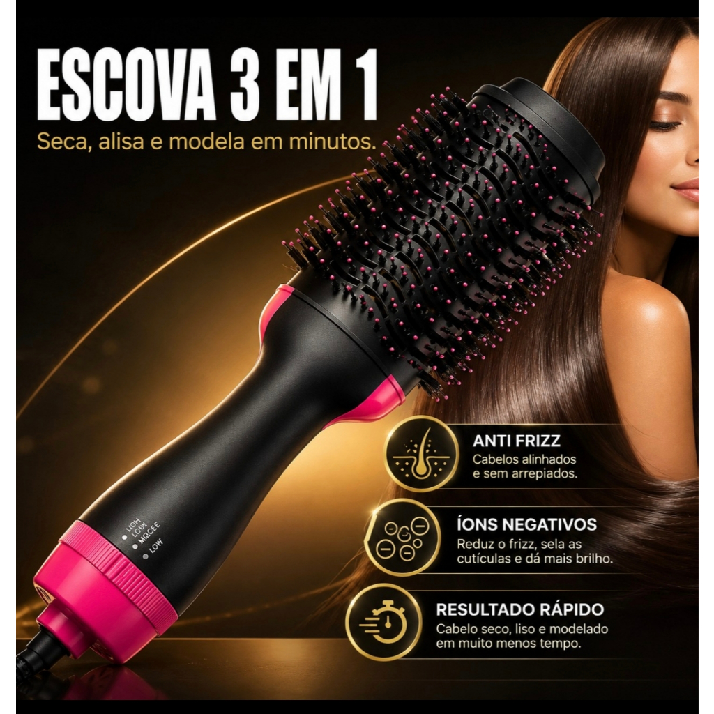 Escova Secadora 3 Em 1 Anti Frizz Seca Alisa Modela Cabelo 110v