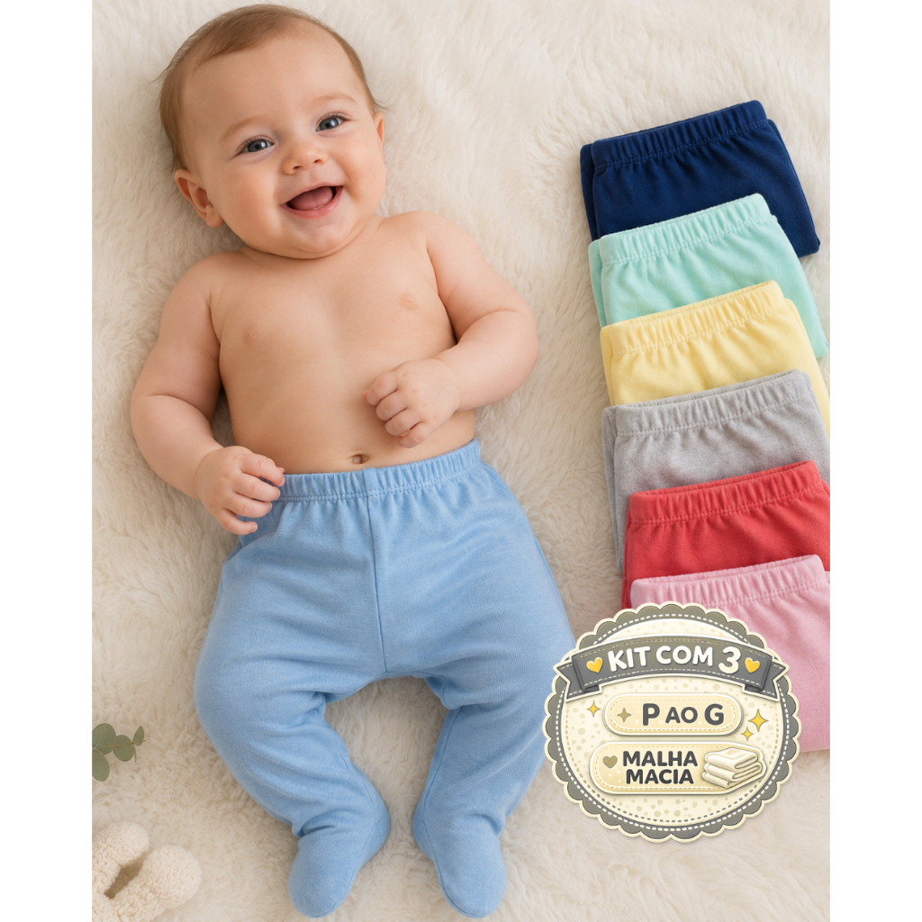 Kit com 3 Calças Premium Mijão Bebê com Pézinho Malha Macia 100% Algodão