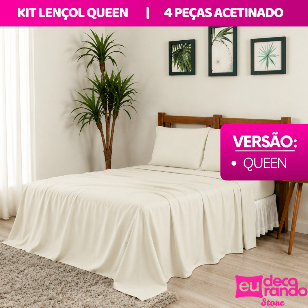 Kit Jogo de Lençol 4 Peças Queen Com Elástico Micropercal Acetinado Ponto Palito 400 Fios Varias Cores Para Cama Grande