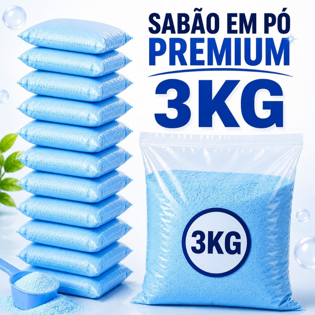 Sabão em Pó Premium 3Kg Concentrado Lava Roupas Limpeza Profunda Remove Manchas Perfume Duradouro