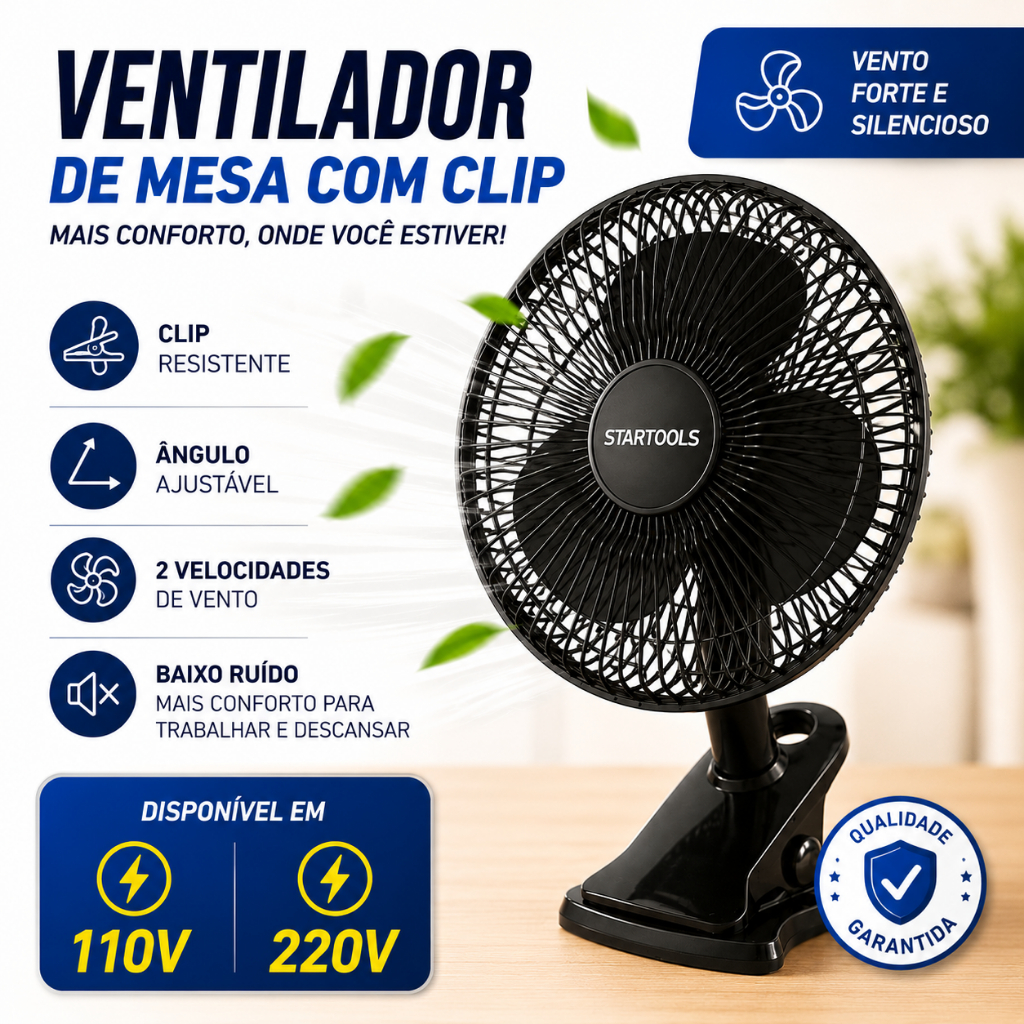 Ventilador de Mesa com Presilha Oscilante Silencioso 110V/220V