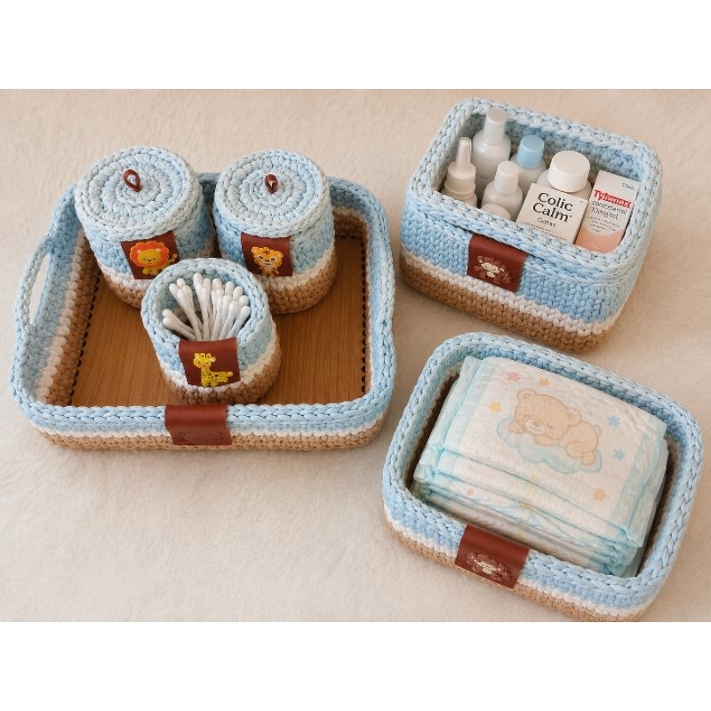Kit higiene safari azul para bebê de crochê de malha 6 peças