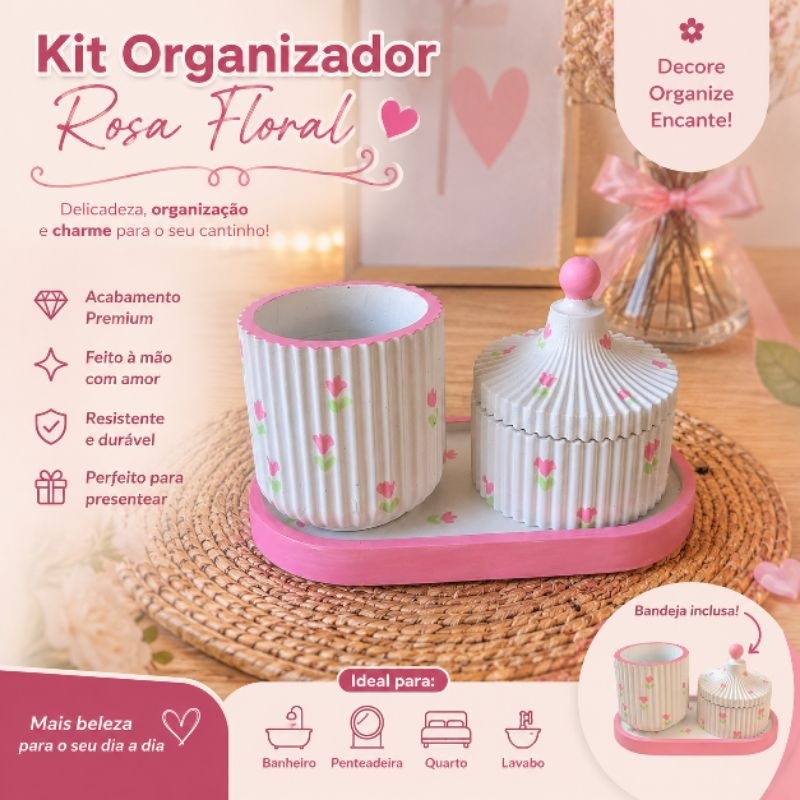 Kit Organizador Decorativo em Gesso Artesanal - três peças - para quarto ,banheiro,sala e muito mas