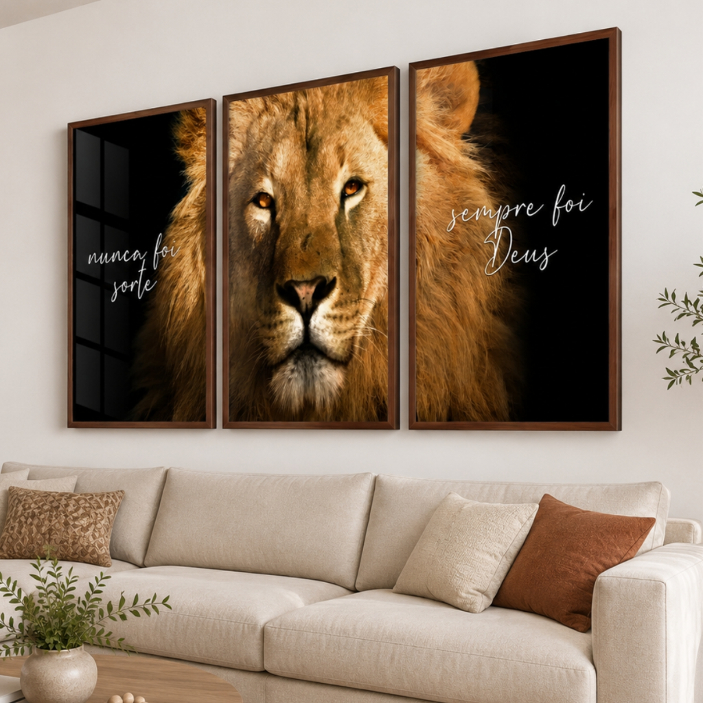 Quadros Decorativos Trio Leão Nunca Foi Sorte Sempre Foi Deus Moldura Premium Sala Quarto Escritório