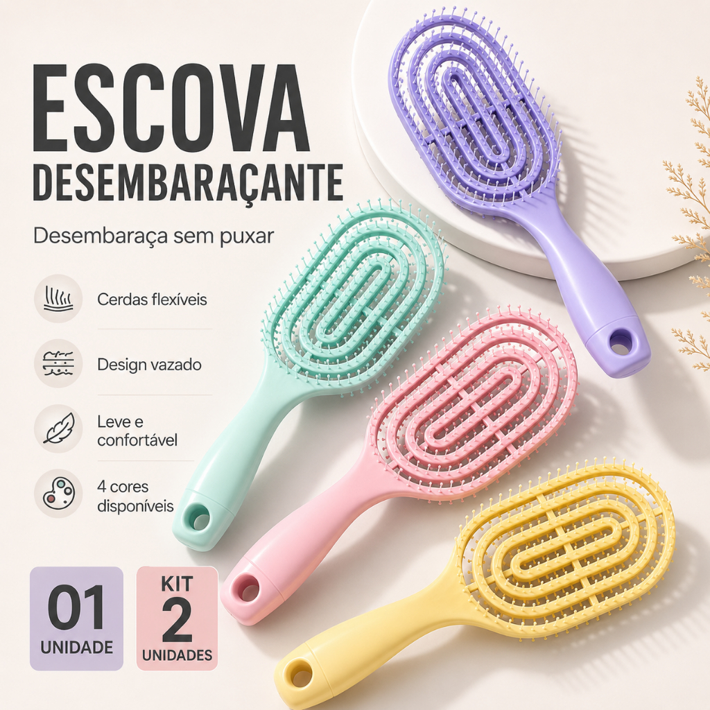 Escova de Cabelo Desembaraçadora Oval Anti Frizz Não Puxa Massageadora Couro Cabeludo Kit até 2 Unidades Candy Colors