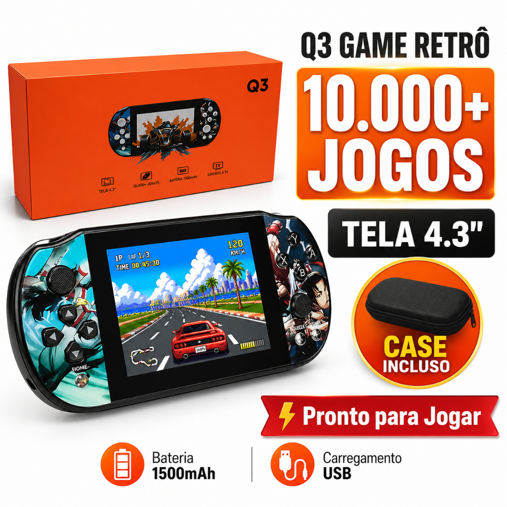 Console Mini Vídeo Game Portátil Retrô Q3 10.000 Jogos Emulador PS1 GBA Arcade Tela 4.3 C/ Case