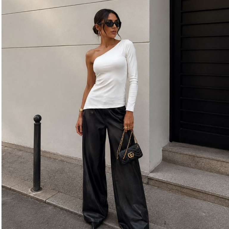 Blusa Assimétrica Feminina Nula Manca Ribaninha Canelada Elegante Casual Confortável Tendência