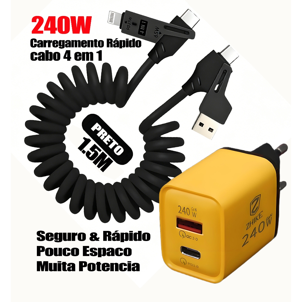 Kit Carregador GaN 240W + Cabo Espiral 4 em 1 65W Retrátil USB Tipo C Lightning Carga Rápida