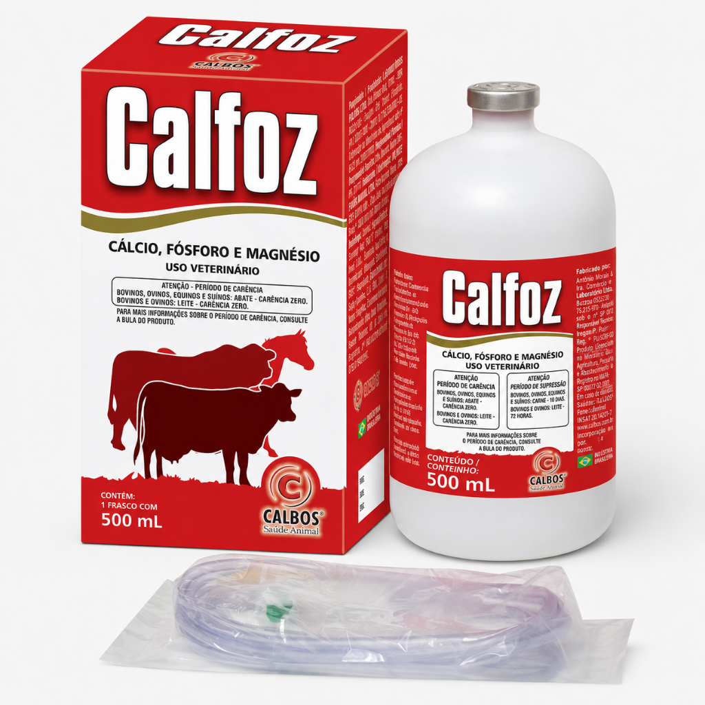 Kit Suplemento Mineral Cálcio, Fósforo e Magnésio 500 mL + Equipo para Bovinos Equinos Ovinos Suínos