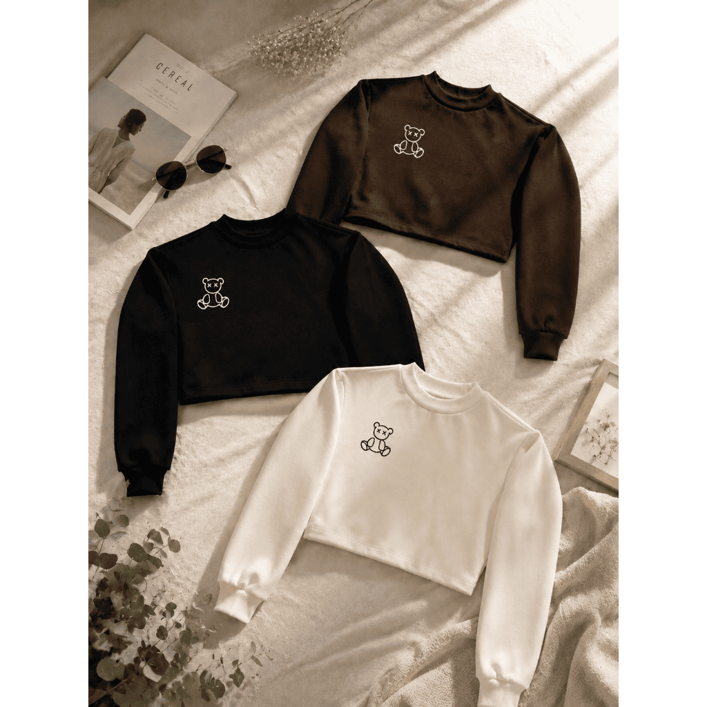 Blusa de Frio Moletom Cropped Premim - Preto, Marrom ou Off White Estampa Urso Ursinho tendência quentinho