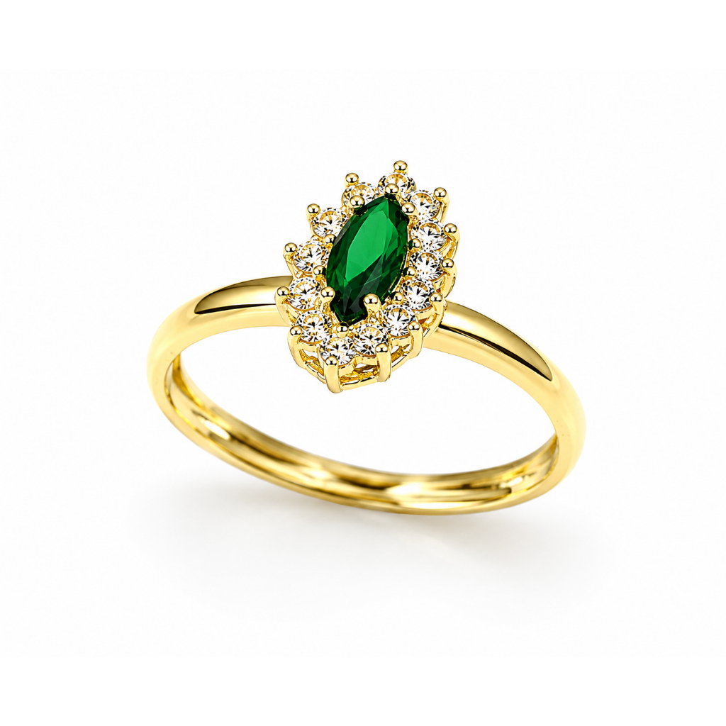 Anel Zirconia Esmeralda Pedra Navete Ouro 18k
