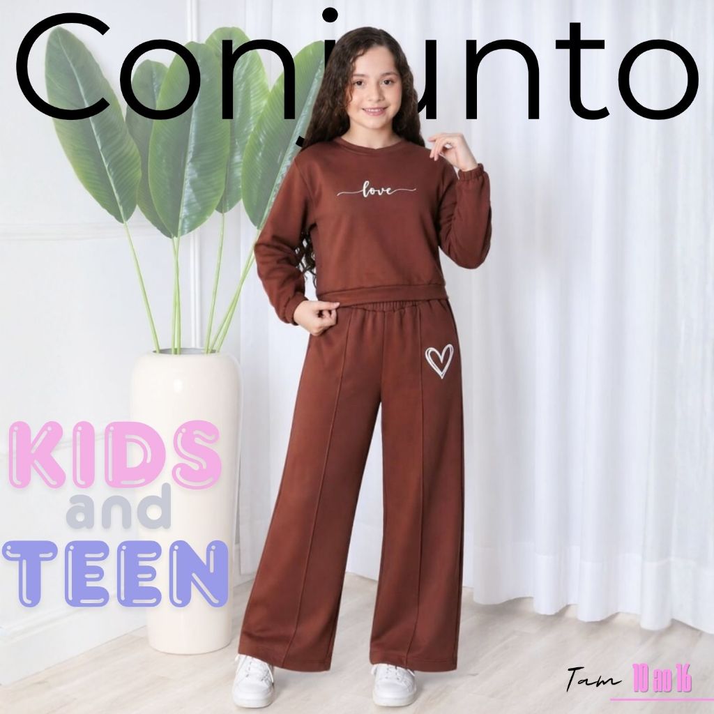 Conjunto de moleton juvenil femenino Casaco e Calça Wide Leg Tam 10 ao 16.