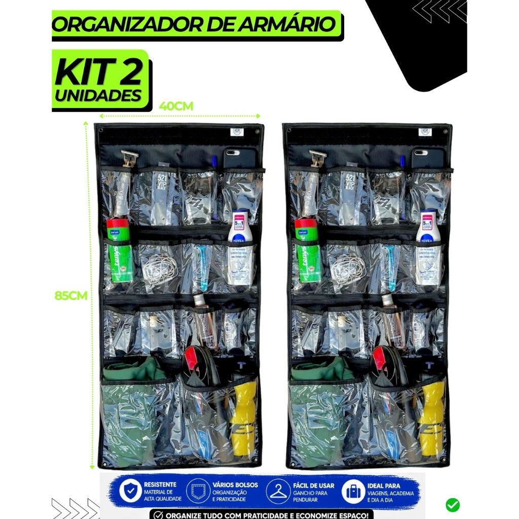 KIT 2 UNIDADES Organizador De Armário Porta Objetos De Roupeiro Otimiza Espaço + Kit para Instalação