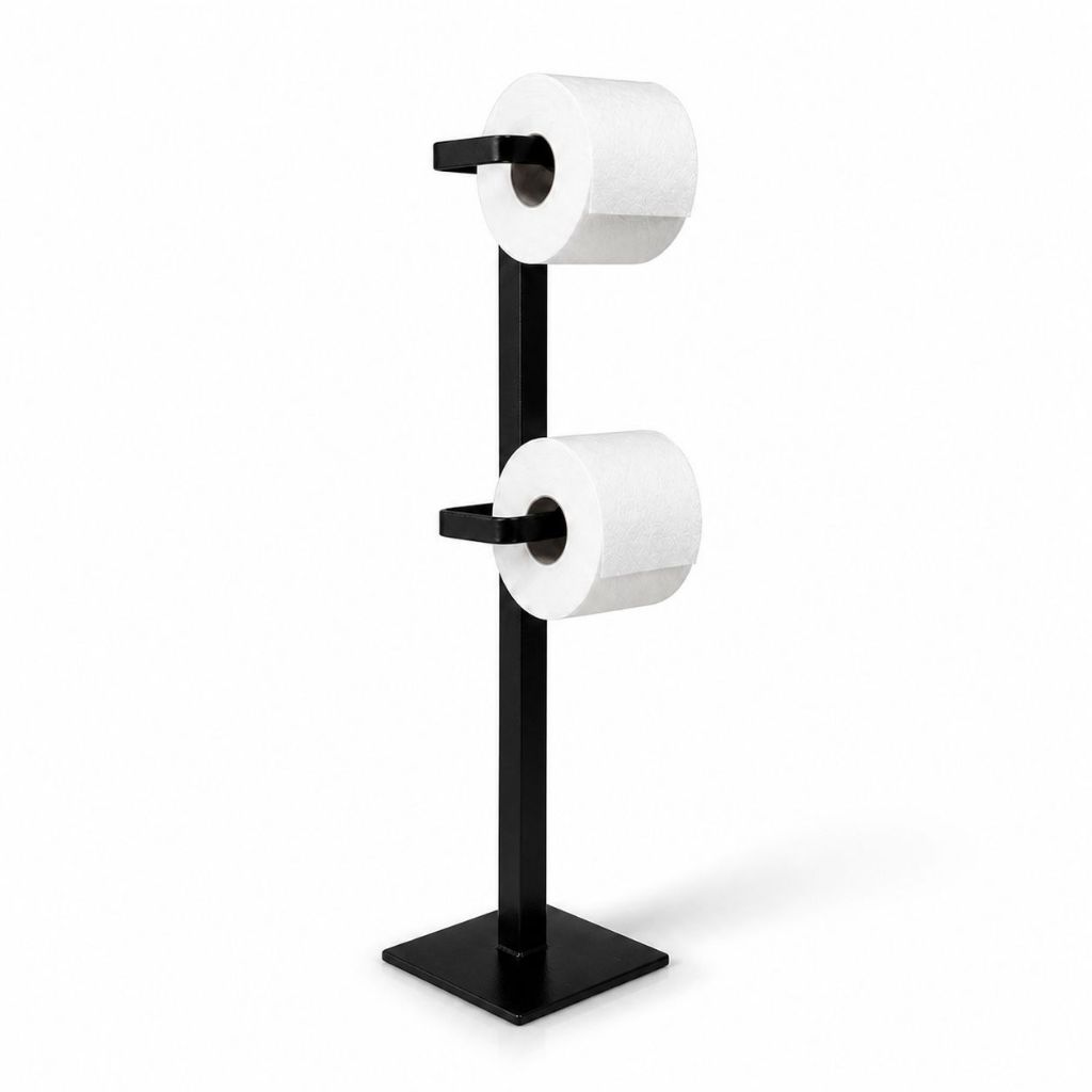 Suporte Porta Papel Higiênico Duplo Organizador Minimalista Preto Fosco Elegante Pratico De Chão