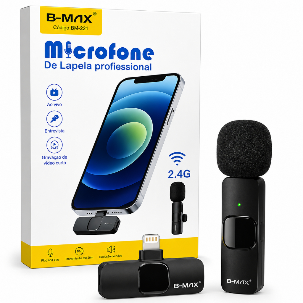 Microfone Lapela Sem Fio para iPhone entrada Lightning Live TikTok Podcast e YouTube Profissional