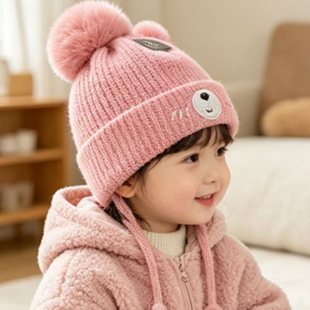 Touca Infantil Gorro Forrada Pompom Com Estampa Urso Quentinha Forrada Frio