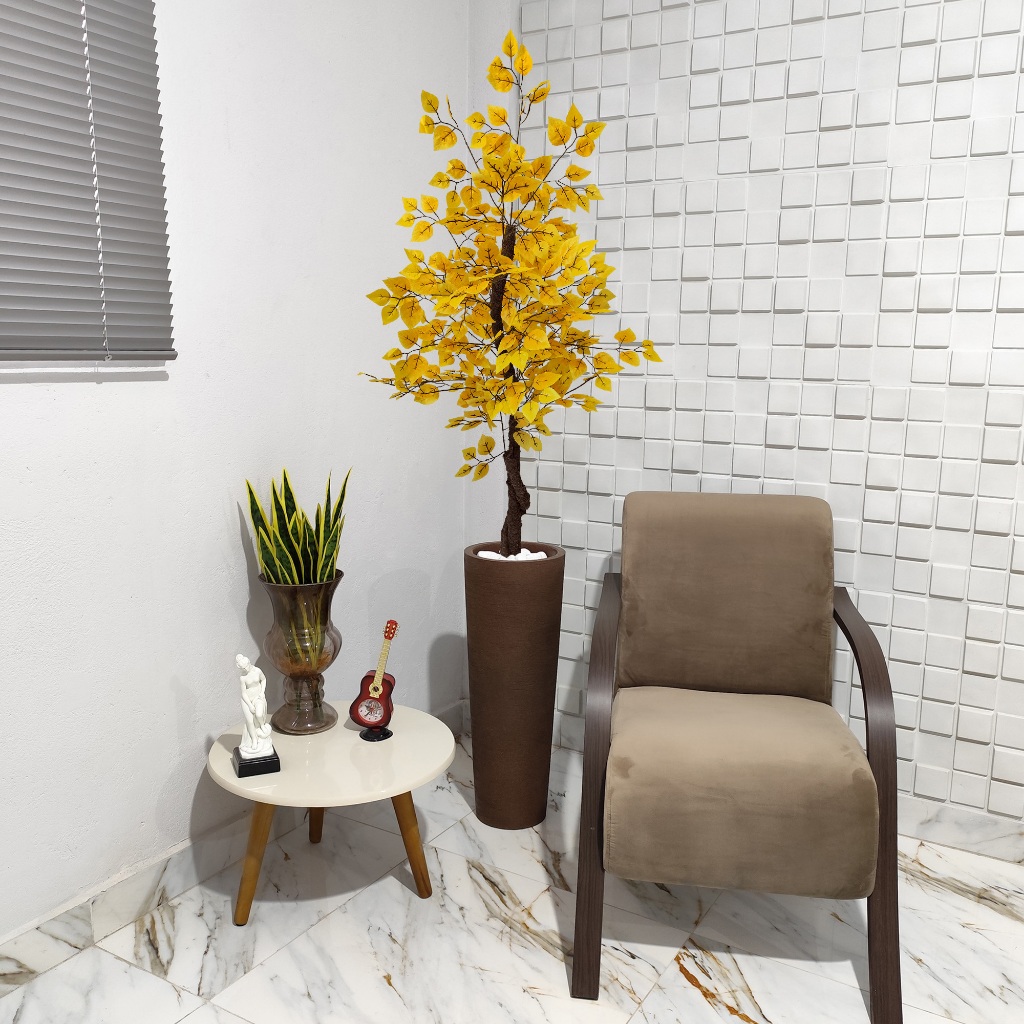 Arranjo Artificial Fícus Amarelo Vaso Grafiato Mármore Pedra 150cm — imagem 2 de 2