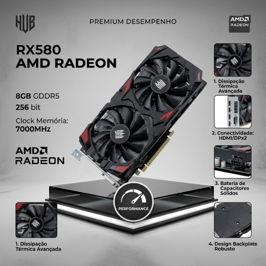 Placa De Vídeo Gamer AMD RADEON Rx 580 8GB GDDR5 HDMI/DP x2 8 Pinos Microsoft DirectX 12 OpenGL 4.6 Suporta Até 3 Monito
