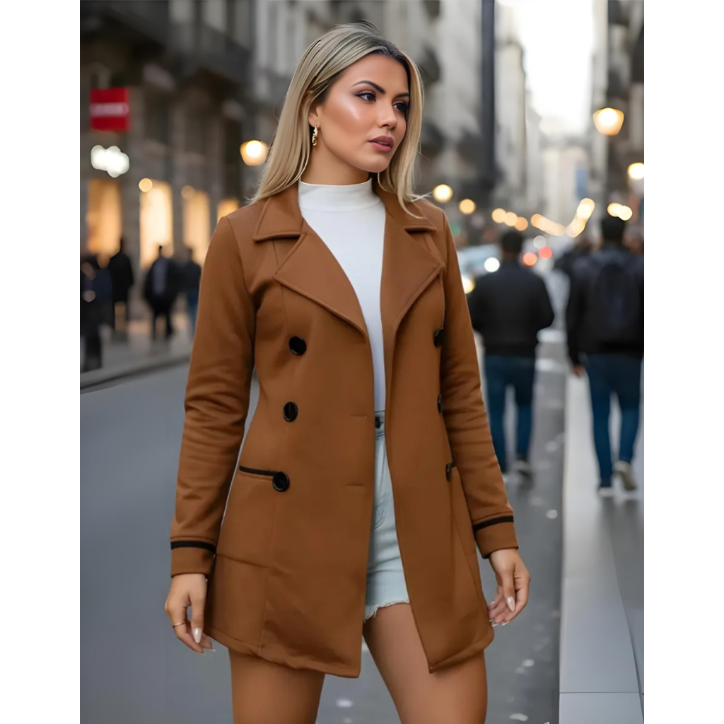 Casaco Moletom Sobretudo Feminino Inverno C/ Botões Gola Dobável Flanelado Moda Do P ao G3