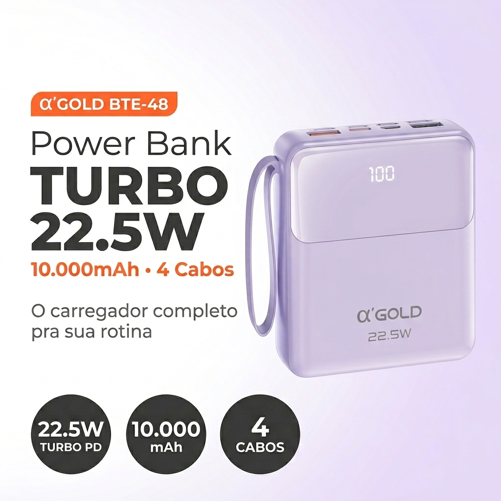 Carregador Portátil Power Bank 10000mAh Turbo 22.5W - Com 4 Cabos e Visor