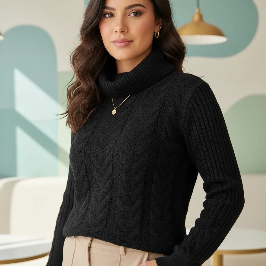 Blusa Feminina Tricot Trançada Manga Longa Gola Alta Inverno Luxo Tendência Blogueira