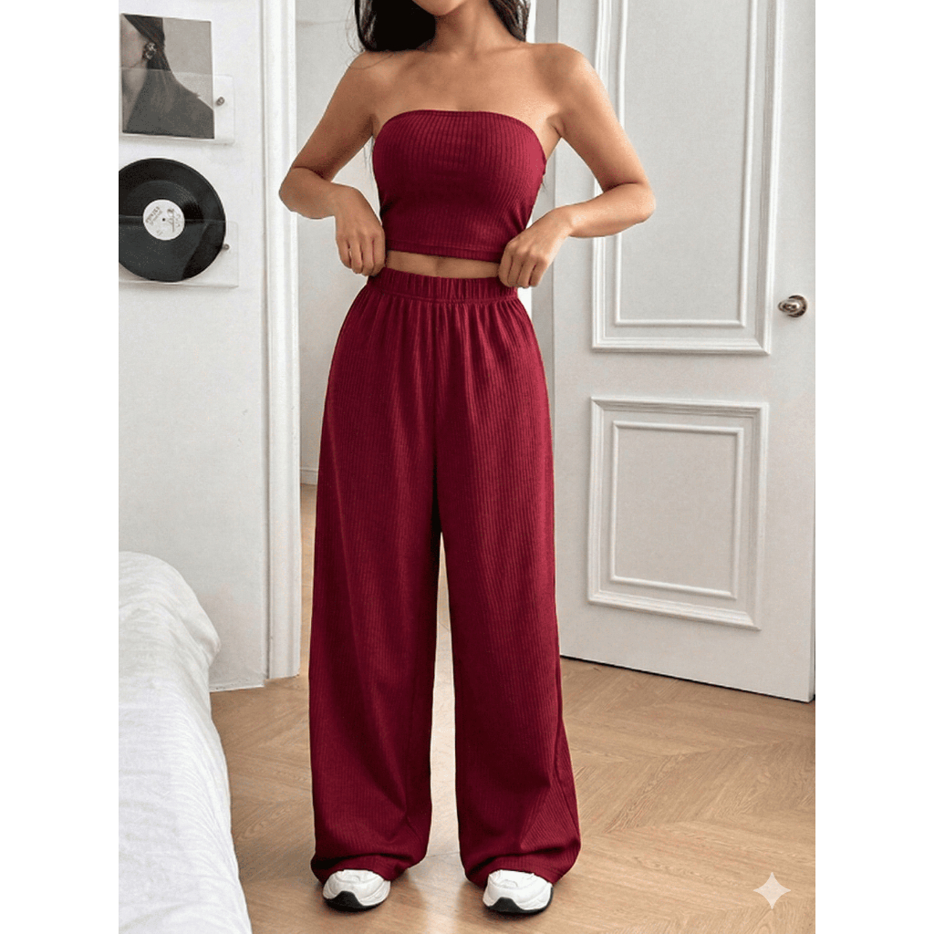 Conjunto Feminino Cloe Blusa Tomara que Caia + Calça Pantalona Soltinha Ribana Confortável Inverno