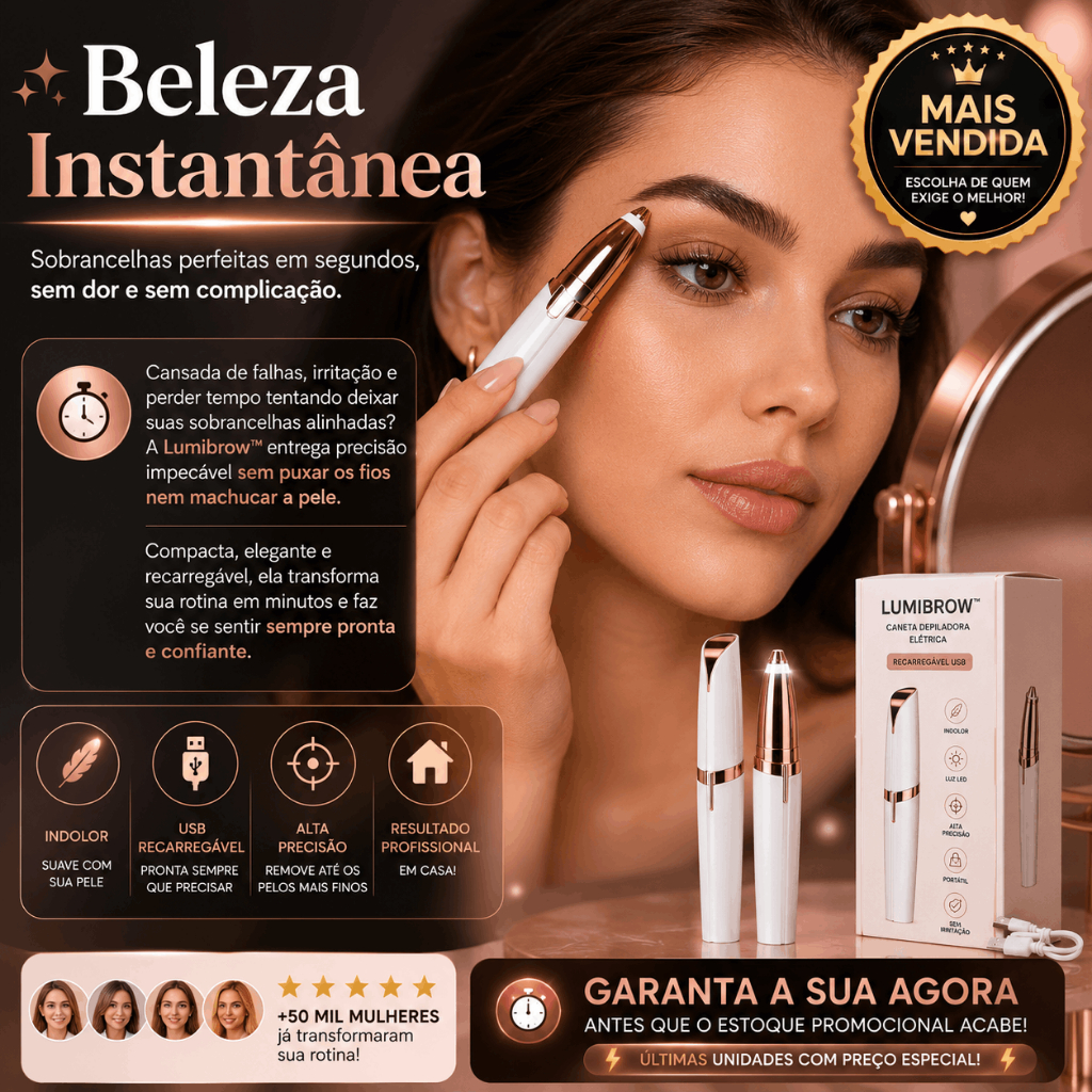 Caneta Depiladora  Sobrancelha Feminina Recarregável USB Led Sem Dor LumiBrow™