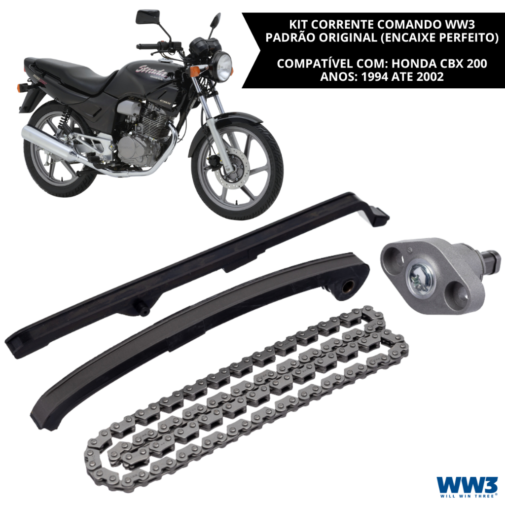 Kit Corrente Comando Honda CBX 200 Strada 1994 a 2002 Corrente Tensor Guia Acionador GP7 Modelo Original WW3
