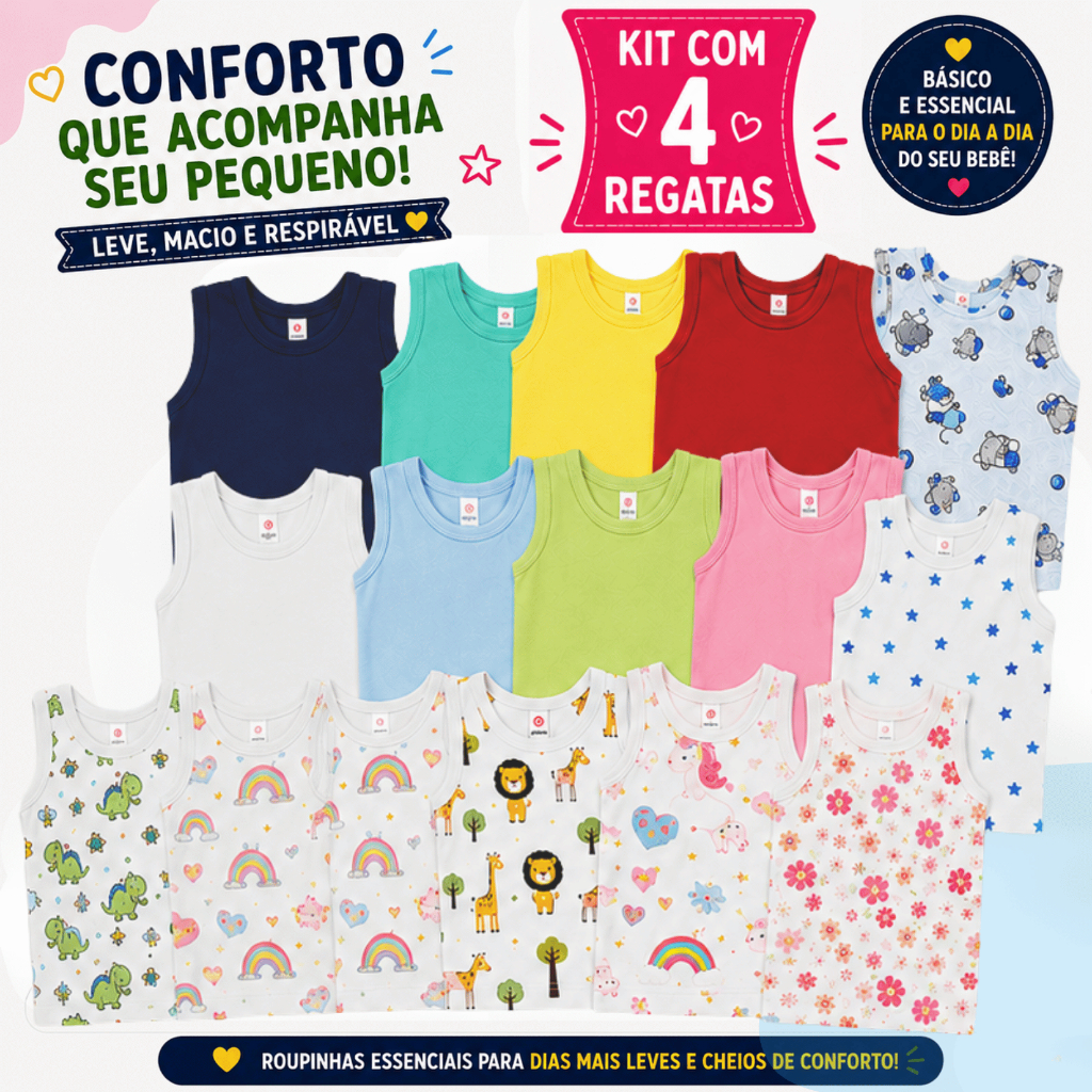 Kit 4 Regatas Camisetas bebê Pijama Menino Menina Lisas estampadas Verão Enxoval Bebê 100% Algodão