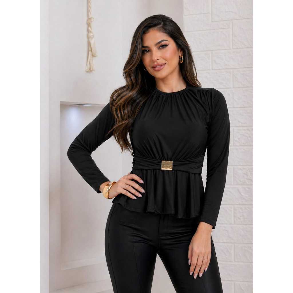 Blusa feminina peplum manga longa gola media cintura marcada chic com fivela / Casual Elegante Básico