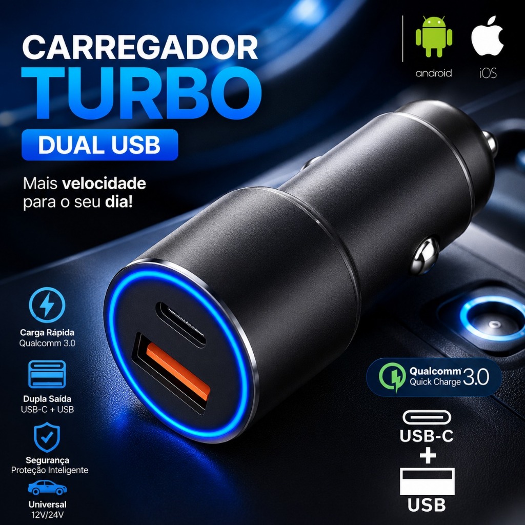 Carregador Veicular turbo TIPO C + USB 45W Turbo Carregamento rápido/Universal Original