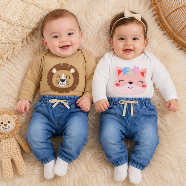 Conjunto de Bebê com Body Longo Bordado e Calça Jeans