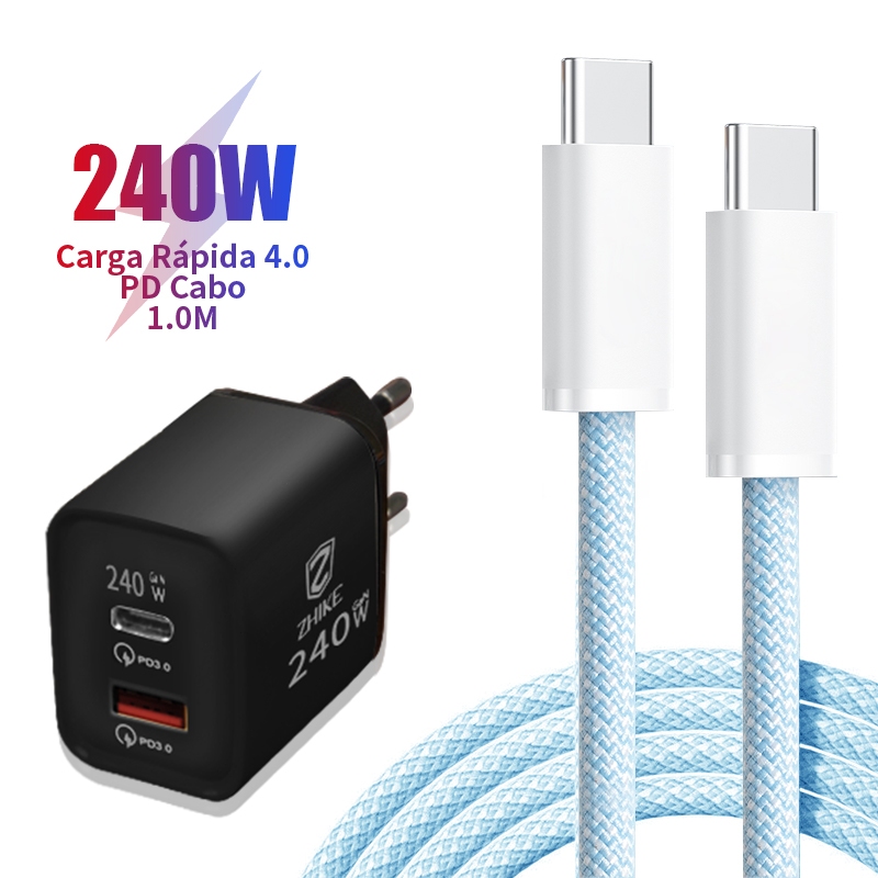 Cabo Carregador Celular Carregamento Rápido PD Tipo C Para Tipo C Com GaN Adaptador 1M Trançado Cabo