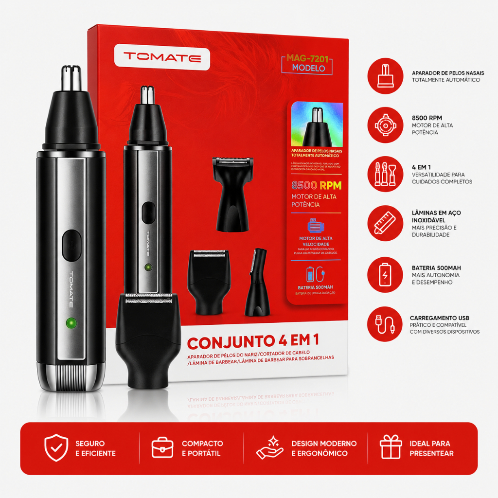 Aparador Elétrico 4 em 1 Recarregável USB Cortador de Pelos Nariz Barba Sobrancelha e Cabelo| Tomate