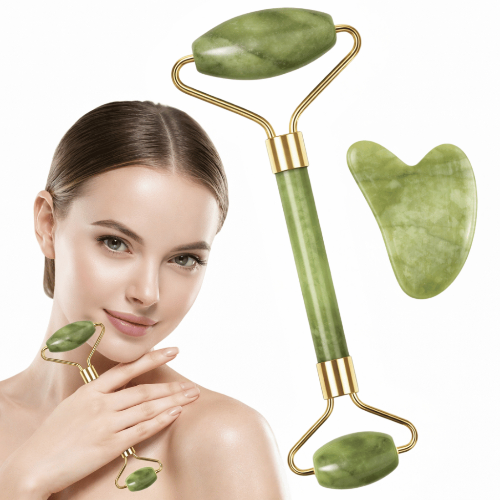 Jade Roller + Gua Sha Pedra Jade Natural Massageador Facial Anti Inchaço Relaxamento