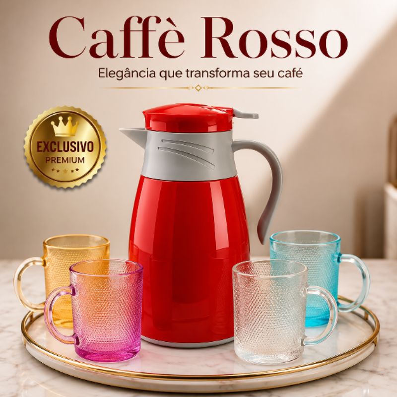 Garrafa Térmica Caffè Rosso 190ml com 4 Canecas de Vidro | Conjunto Moderno Luxo Vermelho para Café e Chá