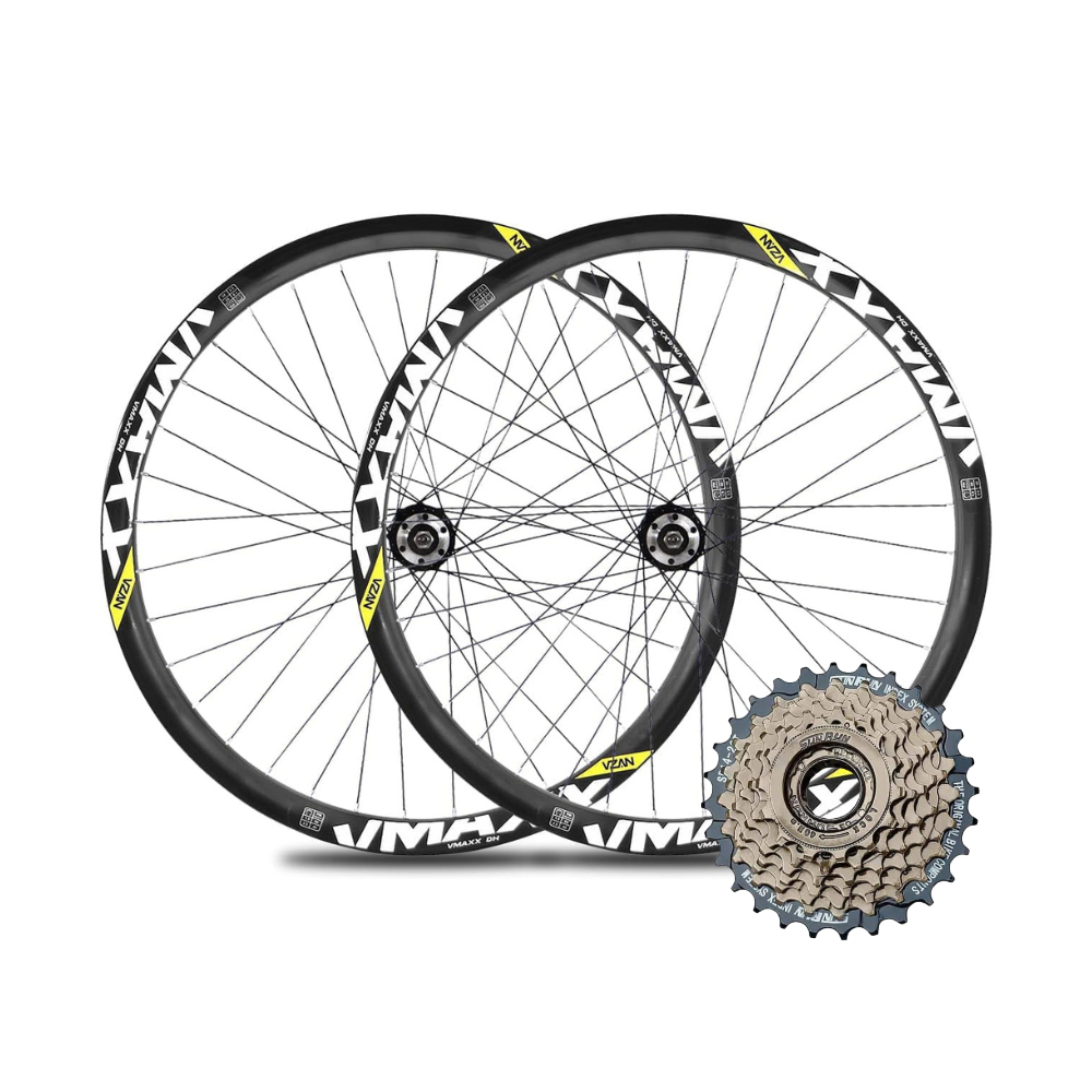 Par de Roda Aro 26 Freio a Disco Roda Livre C/ Catraca Roda Livre Dourada 7 Velocidade Index Padrão Tipo Shimano