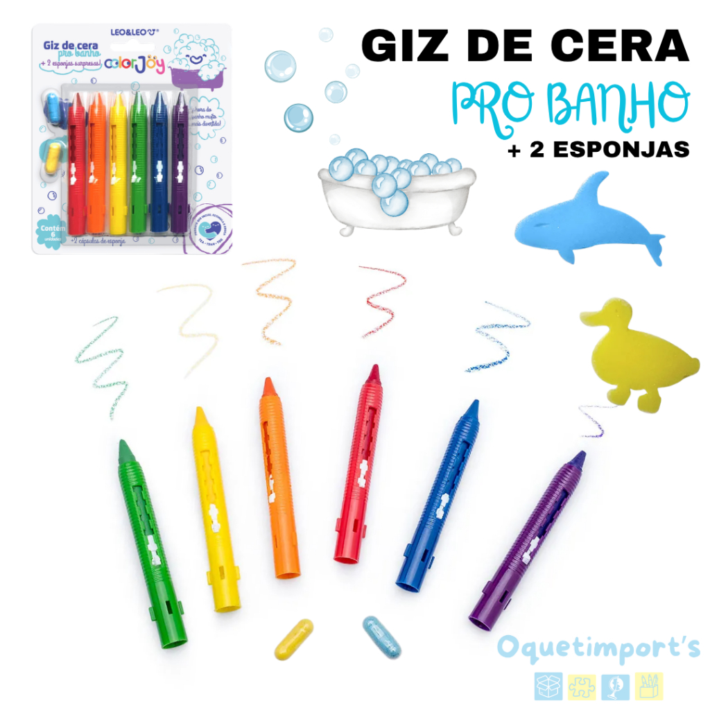 Giz De Cera Para Banho Retrátil 6 Cores Leo&Leo Sai Com Água Não Mancha + 2 Esponjas Não Tóxico